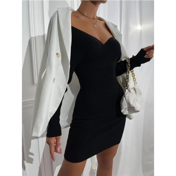 Fitted Off Shoulder Ribbed Sweater Dress Black Fall winter classy sexy evening - Picture 9 of 10
